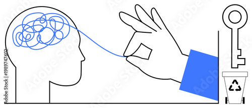Creativity, problem solving, mental clarity, recycling, unlocking potential, brain health. Hand unwinding a tangled line from a brain with a key and recycling symbols. Creativity and problem solving