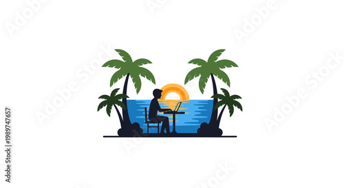 Man Relaxing on Beach with Laptop.