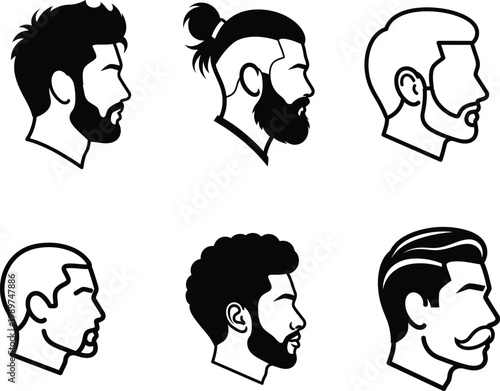 Six different men head profiles with various hairstyles and beards