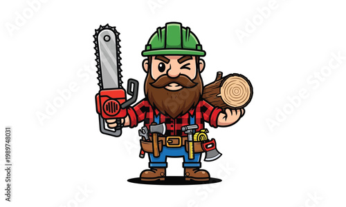 Cartoon lumberjack holding chainsaw and log with tools on belt.