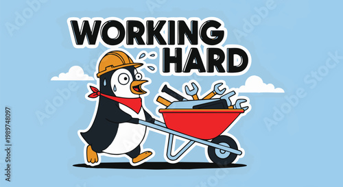Funny Penguin Working Hard Cartoon Illustration