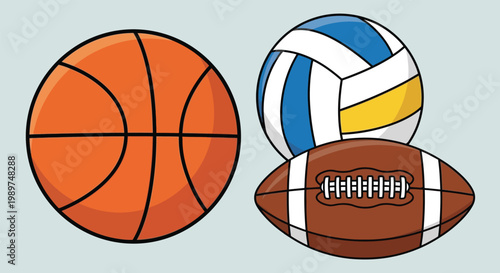 Collection of sports balls basketball volleyball american football.