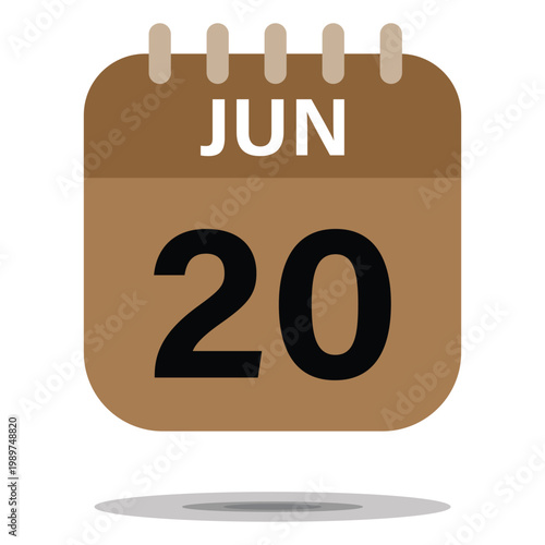 Brown Calendar Icon Showing June 20th Date, Flat Minimalist Vector Illustration