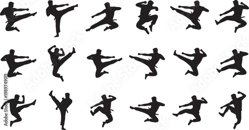 Martial Arts Jump Kick Silhouettes - 18 Dynamic Combat Action Poses.