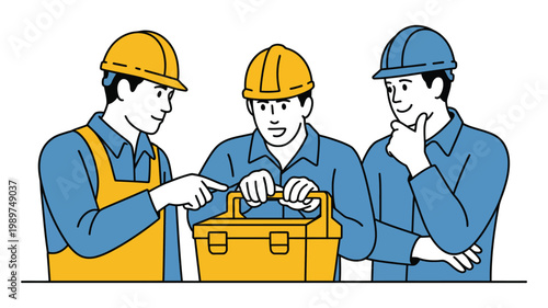 Collaboration and expertise technicians working together around toolbox exchanging ideas and technical skills, teamwork and problem solving concept illustration.