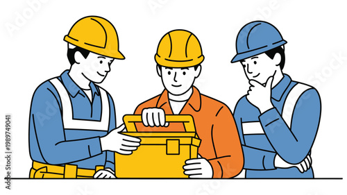 Collaboration and expertise technicians working together around toolbox exchanging ideas and technical skills, teamwork and problem solving concept illustration.