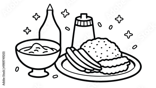 Simple line art of a meal with rice, chicken, and dipping sauce on a plate