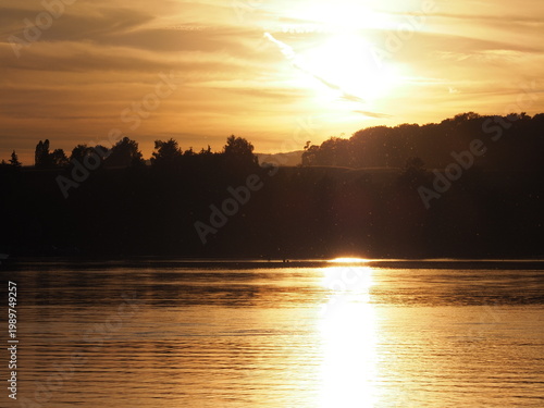 View of sun set on Rhine River near Stein am Rhein town in Switzerland