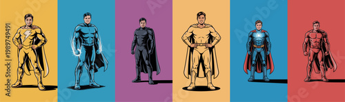 Pop art superhero characters collection in comic book style with powerful poses. Retro comic heroes with capes in colorful backgrounds for action illustration, poster and graphic design