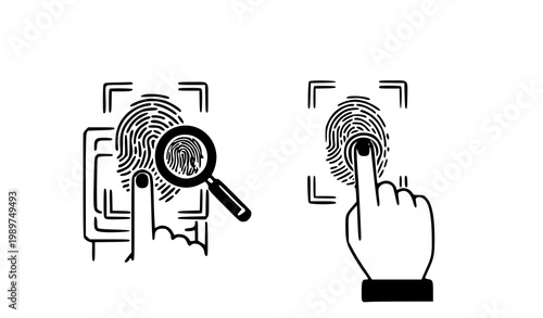A vector graphic illustration of fingerprint scanning and authentication icons