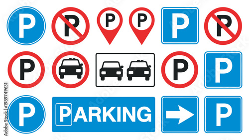 Parking signs collection, diverse symbols and icons set, allowed restricted designated areas, traffic regulation, urban signage system, transportation guidance illustration