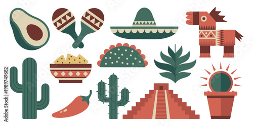 Traditional Mexican cultural icons featuring food and architectural landmarks symbols, vector illustration