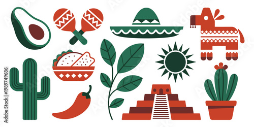 Traditional Mexican cultural icons featuring food and architectural landmarks symbols, vector illustration