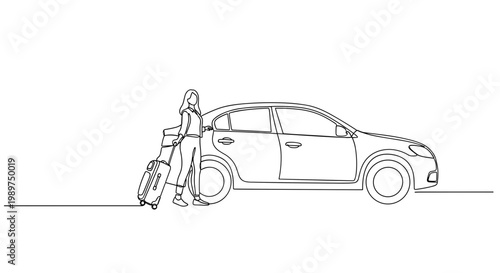 Woman with suitcase unlocking car door line art on white background