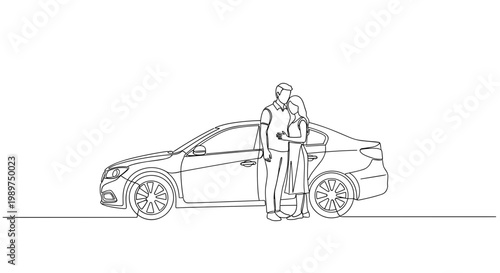 Couple standing beside car showing affection line art illustration