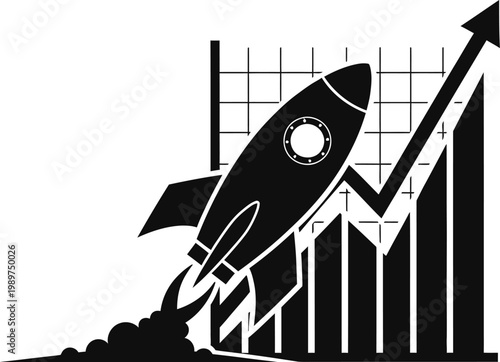 Rocket launching through growth chart symbolizing business success and rapid advancement