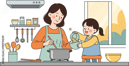 Happy mother and young daughter cooking together in a kitchen