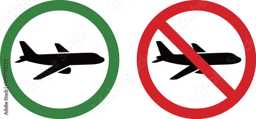 飛行機の可否を示す丸と禁止マークのアイコンセット Airplane Allowed and Prohibited Icon Set
