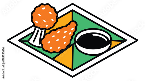 Isometric view of a platter with fried chicken pieces and a dipping sauce vector art