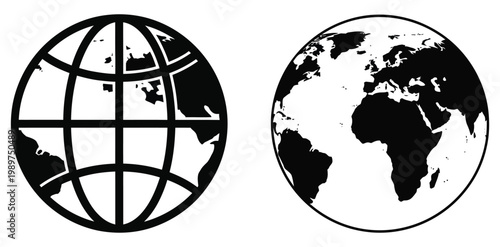 Two globe icons, one with a grid overlay and another showing continents, representing global concepts and information sharing
