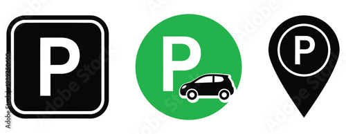 Collection of diverse parking graphic symbols, including square, circular, and location pin designs, universally indicating available vehicle parking spaces and areas