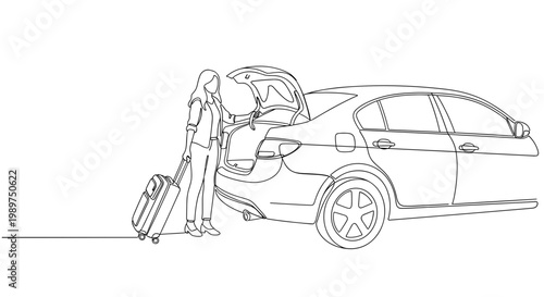 Woman loading suitcase into car trunk line art illustration