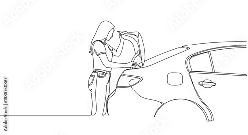Woman opening car trunk line art illustration