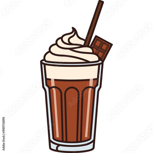 A delicious chocolate milkshake with whipped cream and a chocolate bar on top