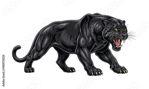Black panther snarling aggressively with mouth open and sharp teeth.