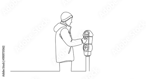 Man paying parking meter with smartphone line art illustration