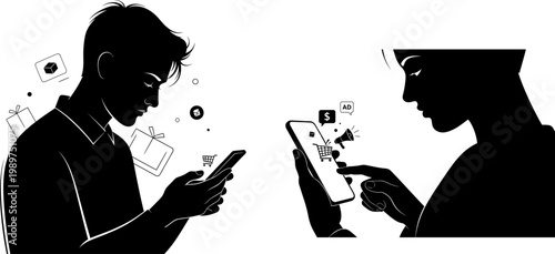 Silhouetted couple engaged with mobile phones modern communication and isolation