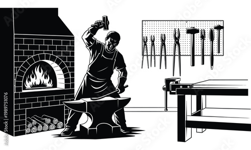 Blacksmith working in forge shop with anvil hammer and fire furnace.