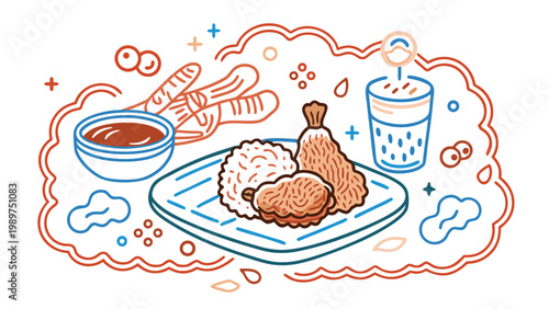 Fried shrimp tempura and rice plate with refreshing bubble tea drink in colorful doodle art
