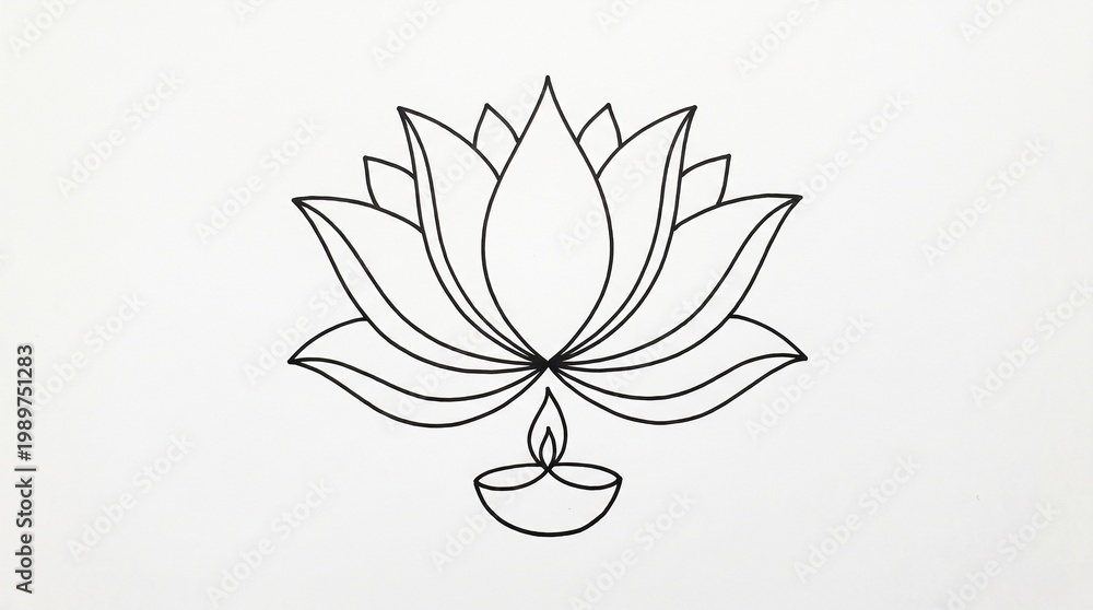 Fototapeta premium Black line drawing of lotus flower merged with traditional oil lamp diya, flame rising at center, symmetrical petals and looping lines radiating outward, elegant spiritual design.
