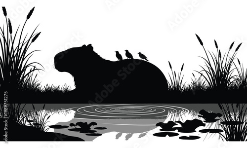 Capybara silhouette by river with birds and aquatic plants landscape.