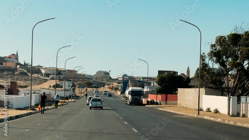 Luderitz city view during the day. View of Felsenkirche (church) and the coastal town of Luderitz with its colourful Germanic architecture, Namibia