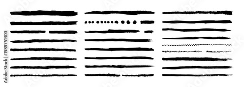 Hand-drawn black brush strokes and ink texture elements set. Vector illustration of artistic thin and thick, uneven underlines.