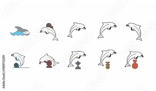 Minimal dolphin tricks vector set with simple bottlenose marine animal poses in line style