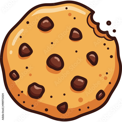 A delicious chocolate chip cookie is bitten into on a plate.