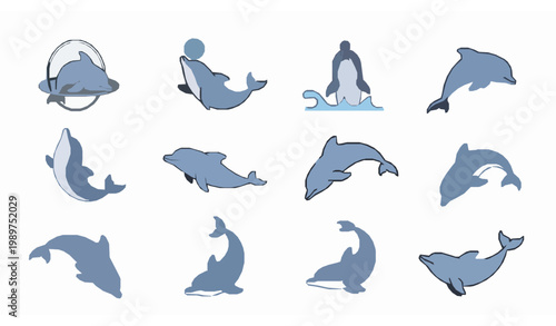 Bottlenose dolphin tricks vector set with cute marine animal performing playful actions