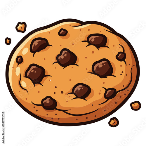 A delicious chocolate chip cookie with melted chocolate drops on a white surface