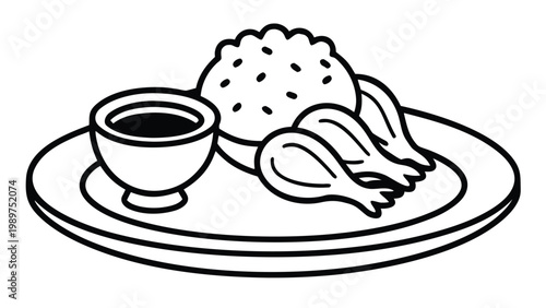 Line drawing of a meal with fried chicken, rice, and soy sauce on a plate