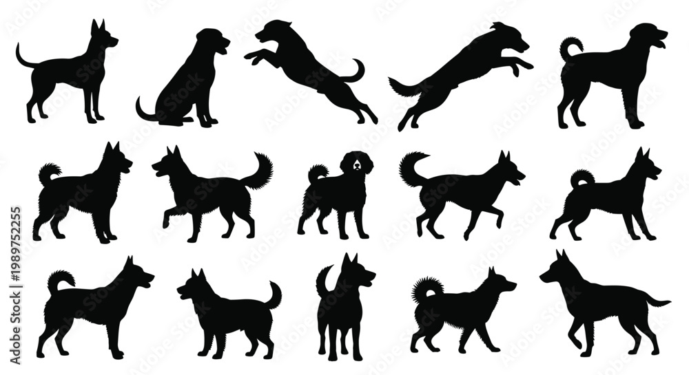 Obraz premium Collection of black dog silhouettes in various action poses including sitting, standing, jumping, and running.