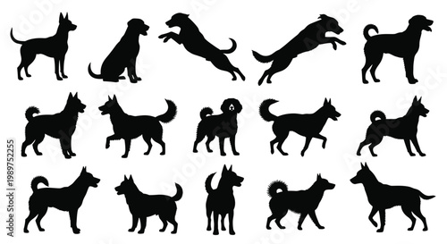 Collection of black dog silhouettes in various action poses including sitting, standing, jumping, and running.