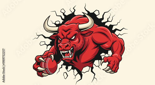 Powerful red bull mascot breaking through a brick wall with intensity while holding a professional cricket ball.