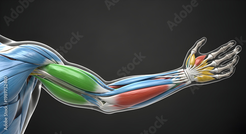 Human arm anatomy with visible muscles, bones, and tendons on dark background.