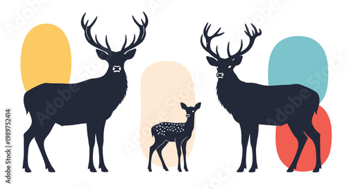 Beautiful silhouettes of a deer family including two large bucks and a fawn against abstract colorful shapes.