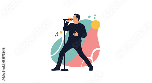 Dynamic silhouette of a male singer performing with a microphone on an abstract colorful background with notes.
