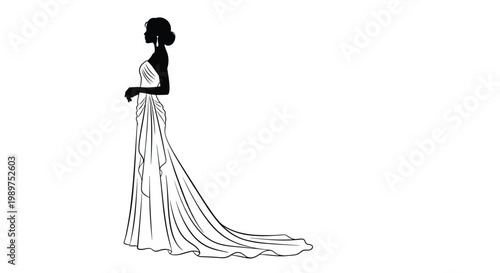 Elegant silhouette of a beautiful bride wearing a traditional wedding dress with a long flowing train.