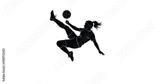 Black silhouette of a female soccer player performing an athletic bicycle kick with a ball in mid-air.